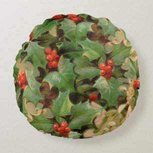 Stechpalmen-Beeren-Grün-Weihnachten-Festtags-Vinta Rundes Kissen