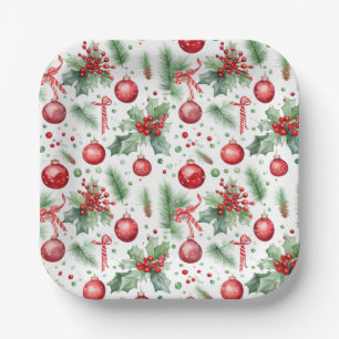 Stechpalmen-Beeren-Kiefer-Weihnachten-Rote Kugeln Pappteller