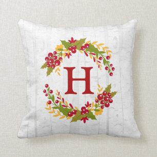 Stechpalmen-Beerenwreath-mit Monogramm Kissen