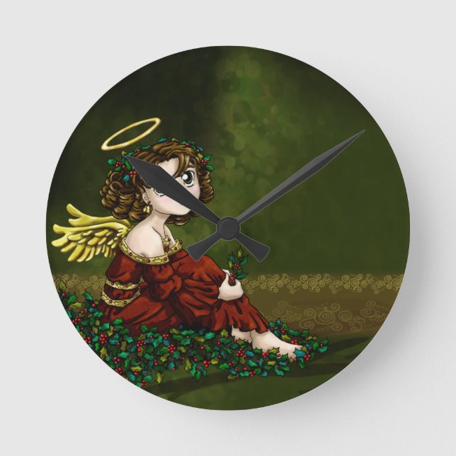 Stechpalmen-Engel Runde Wanduhr (Vorderseite)