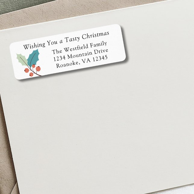 Stechpalmen-Weihnachts-Rücksendeadresse (Wishing You a Tasty Christmas Holly and Red Berries Return Address Label)