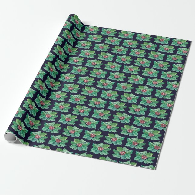 Stechpalmen-Weihnachtsmuster Geschenkpapier (Ungerollt)