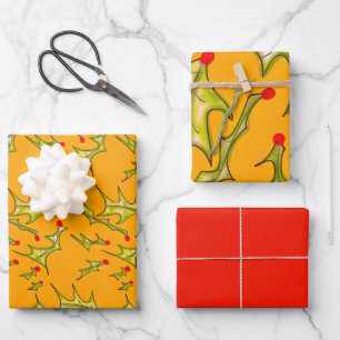 Stechpalmenblätter auf Gelbgold  Geschenkpapier Set