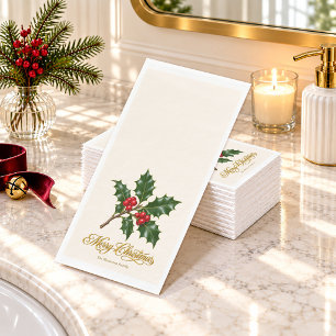 Stechpalmenzweig und goldenes Frohe Weihnachten Sc Serviette