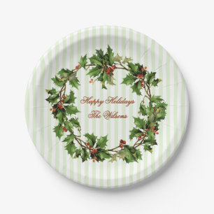 Stechpalmewreath-Vintages personalisiertes Pappteller