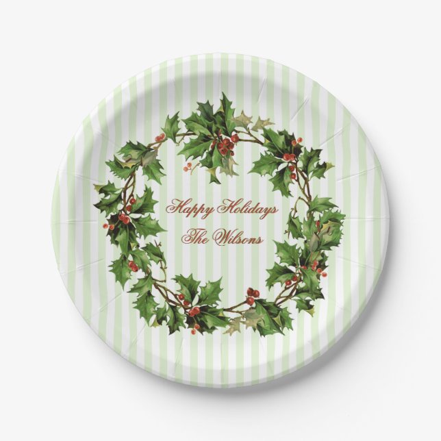 Stechpalmewreath-Vintages personalisiertes Pappteller (Vorderseite)