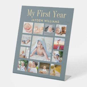 Steel Blue First Birthday Party Baby Foto Collage Sockelschild