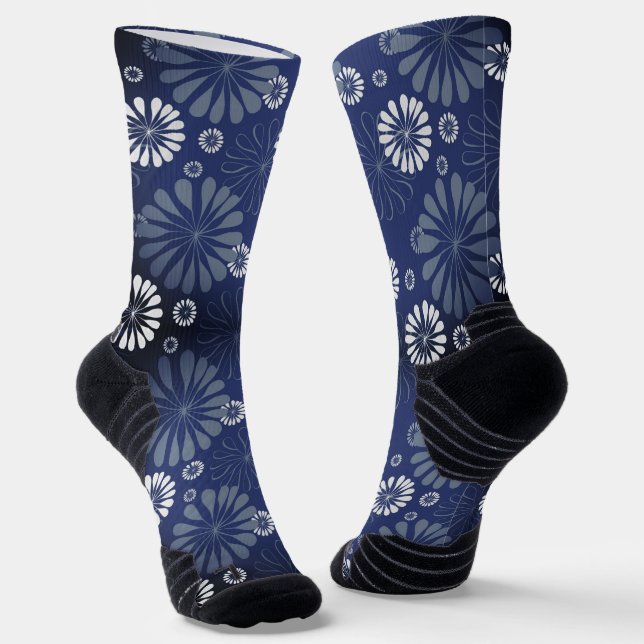 Steel Blue Modern Floral Print Socken (Gewinkelt)
