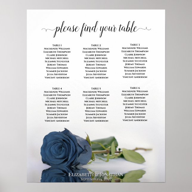 Steel Blue Rose 6 Table Wedding Chart Poster (Vorne)