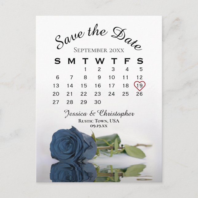 Steel Blue Rose Wedding Calendar Save the Date Ankündigungspostkarte (Vorderseite)