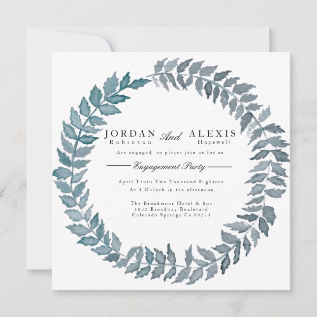 Steel Blue Vine | Watercolor Engagement Einladung (Vorderseite)