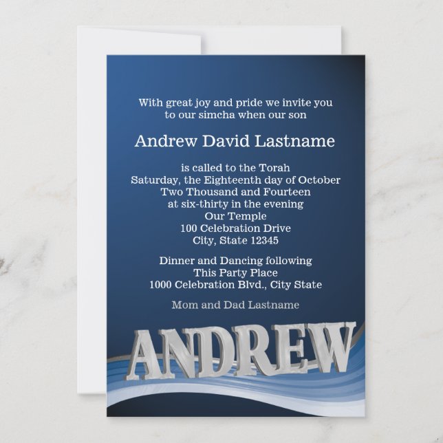 Steel Blue Wave Name Bar Mitzvah Einladung (Vorderseite)