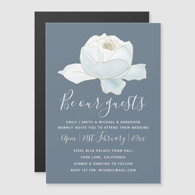 Steel Blue White Rose Hochzeit Moderne Einladung (Vorne/Hinten)