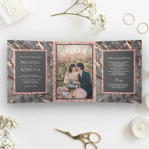 Steel Gray Marble Rose Gold Glitzer Foto Wedding Dreifach Gefaltete Einladung
