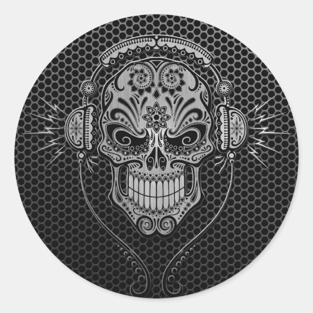 Steel Mesh DJ Sugar Skull Runder Aufkleber (Vorderseite)