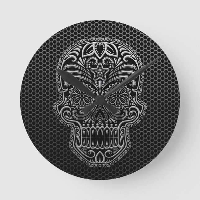 Steel Mesh Sugar Skull Runde Wanduhr (Vorderseite)
