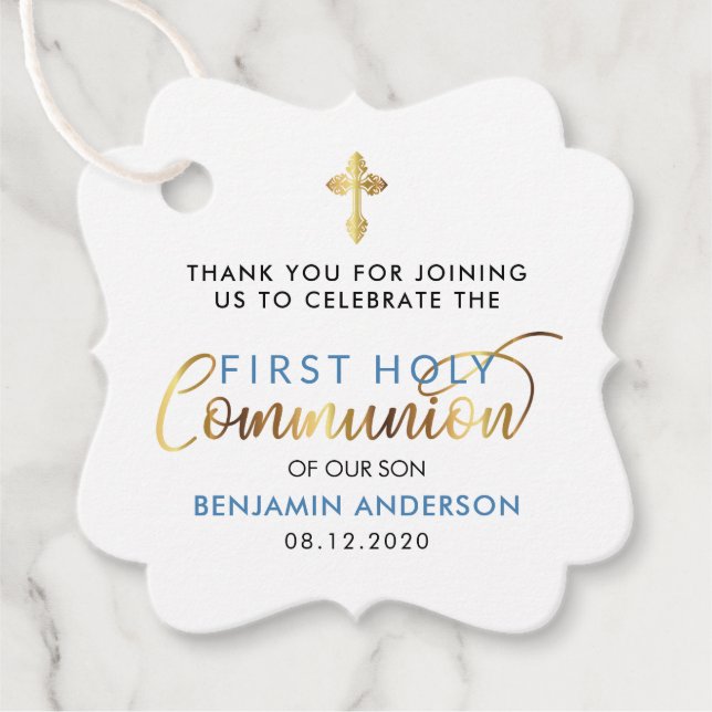 Steelblue und Gold First Holy Communion Vielen Dan Geschenkanhänger (Vorderseite)