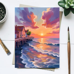 Steg am Meer bei Sonnenuntergang Wellen Golden Hou Postkarte