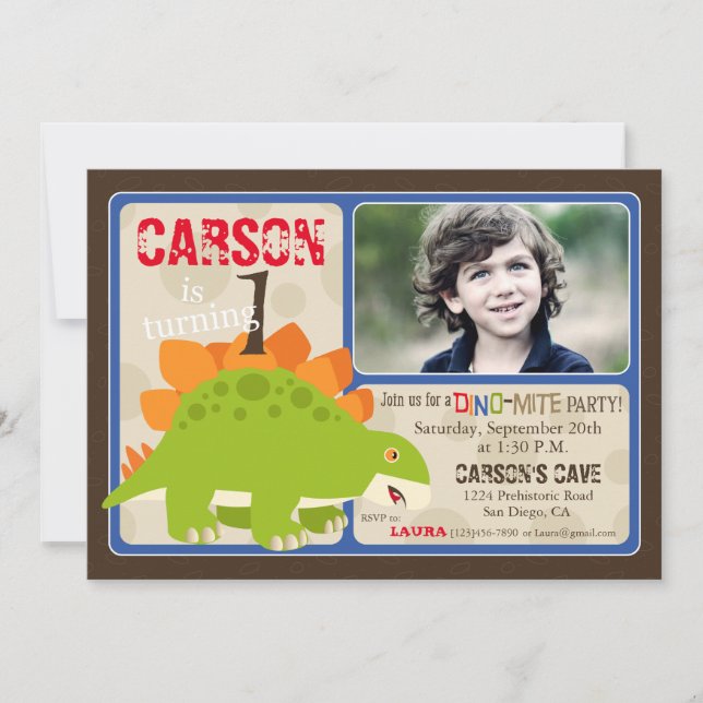 Stegosaurus Dinosaur Erster Geburtstag Einladung (Vorderseite)