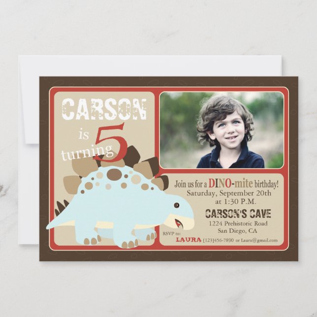 Stegosaurus Dinosaurier Fünfter Geburtstag Einladung (Vorderseite)