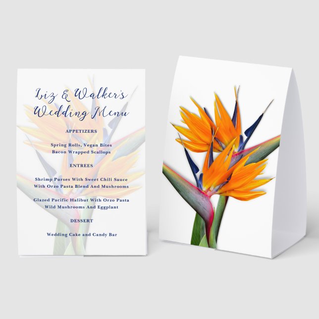 Stehender Paradiesvogel mit Hochzeitmenü Tischaufsteller (Vorder-/Rückseite)