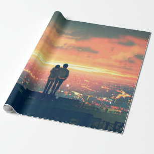stehendes junges Paar auf dem Dach mit Blick auf c Geschenkpapier