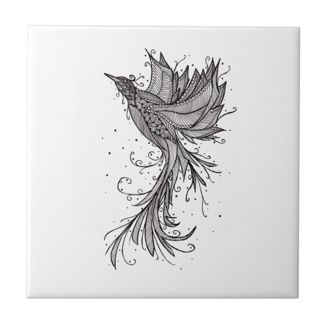 Steigende Phoenix Lineart Keramik Tile Fliese (Vorderseite)