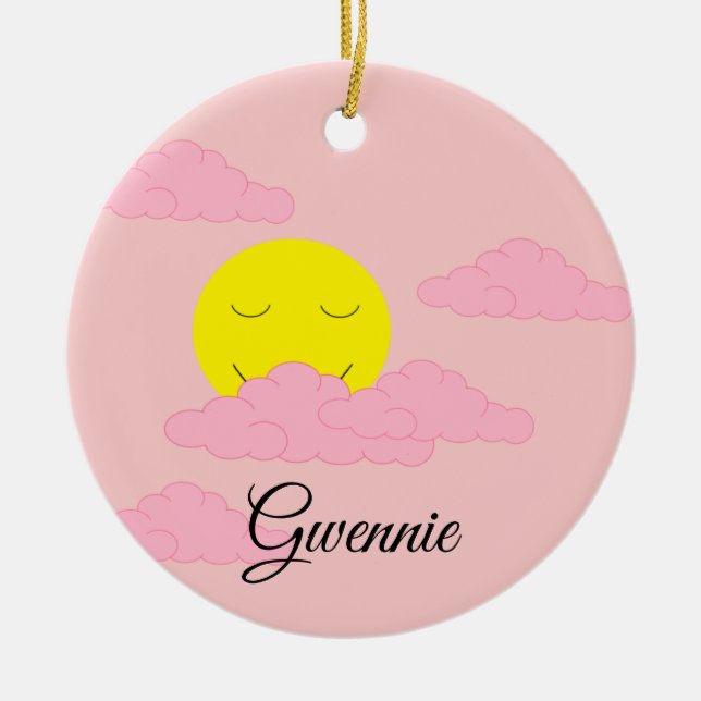 Steigende Sonne mit puffigen Wolken: Hazy, Pink Keramik Ornament (Vorne)