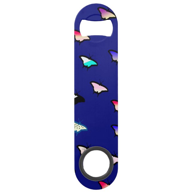 Steigungs-Schmetterlinge auf blauem Speedflaschenöffner (Rückseite)