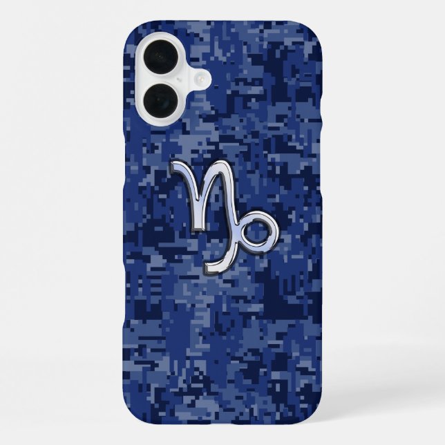 Steinbock-Sternzeichen auf navyblauem Tarnmuster iPhone 16 Plus Hülle (Rückseite)