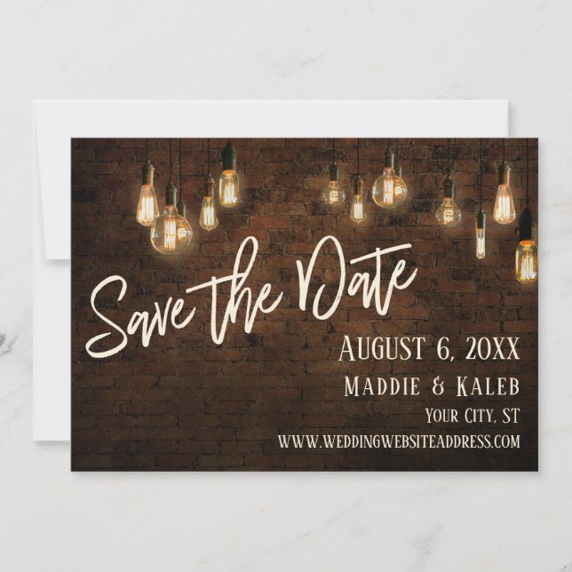 Steine und Edison Lights Save the Date mit Details (Vorderseite)