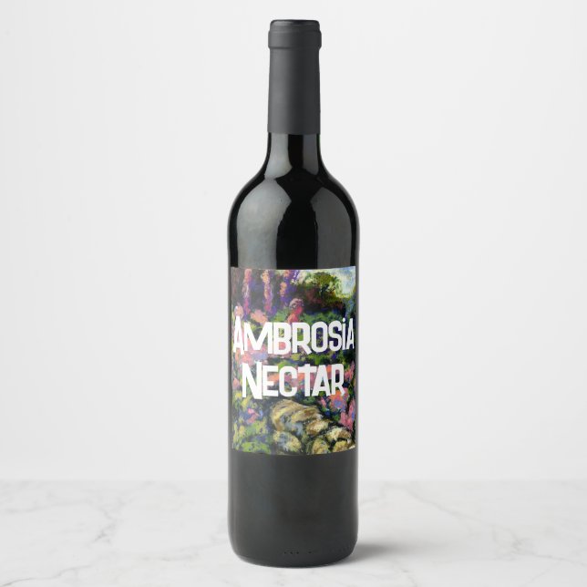 Steinmauer und Blume Ambrosia Nectar Weinetikett (Vorderseite)