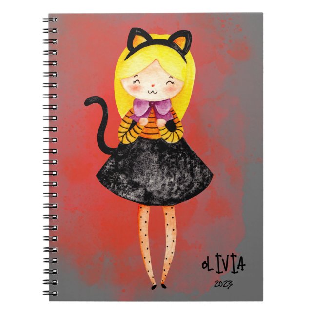 Stellalunarts Niedlich Girl Halloween Cat Notizblock (Vorderseite)