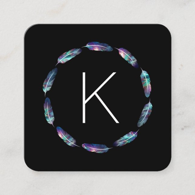 Stellar Federmuster mit Monogramm Quadratische Visitenkarte (Vorderseite)