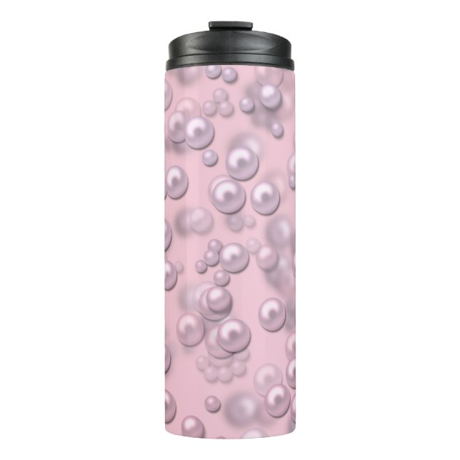 Stellen der weißen rosa Perlen auf rosa Samt Thermosbecher (Vorderseite)