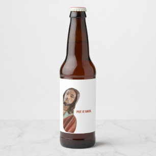 Stellen Sie den strahlenden Jesus auf weißem Hinte Bierflaschenetikett