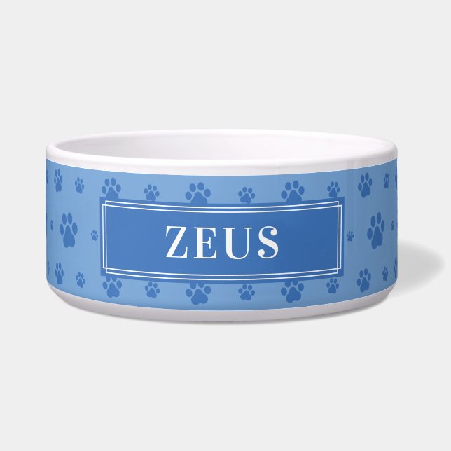 Stellen Sie Ihren Hundenamen Blue Paws Keramik Pet Napf (Vorderseite)