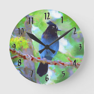 Steller's Jay Painting - Original Wild Bird Art Runde Wanduhr