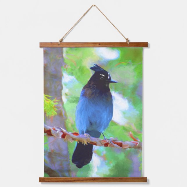 Steller's Jay Painting - Original Wild Bird Art Wandteppich Mit Holzrahmen (Vorderseite)