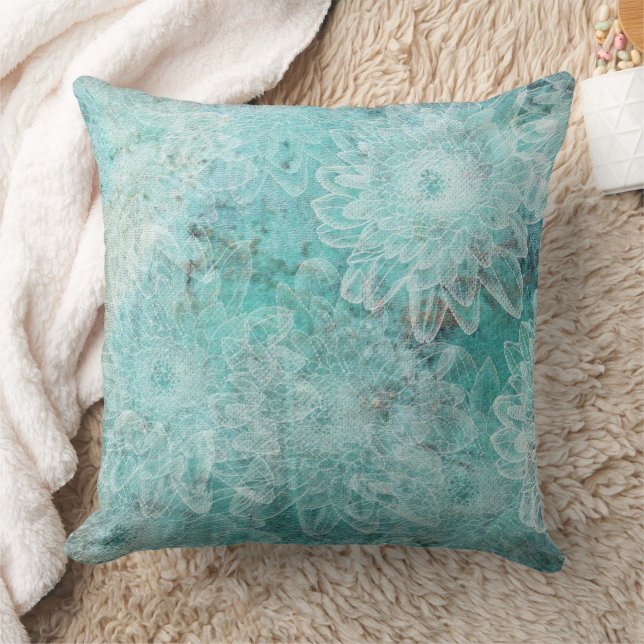 Stempelte Blume Aquamariner Hintergrund Kissen (Decke)