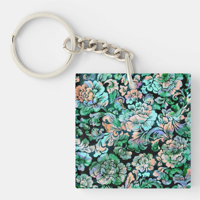 Stencil Floral in Green und Peach Schlüsselanhänger (Vorderseite)