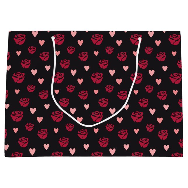 Stenciled Rote Rose and Hearts Gemustert Große Geschenktüte (Vorderseite)