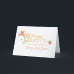 Step Mother Birthday with Clematis Blume Card Feiertagskarte<br><div class="desc">Eine elegante, minimalistische Geburtstagskarte für Ihre Stepmutter mit goldenem Effekt-Buchstaben und pinkfarbenroten Clematis-Blume und ihren langen, schlammigen Stielen und Blätter. Die Titelgrüße ist "Happy Birthday to a very special Step Mother" in Goldeffektschrift mit einem überdimensionalen Buchstaben 'B', der mit einem Cluster von Clematis-Blume und seinen langen Toren und Blätter verflochten...</div>