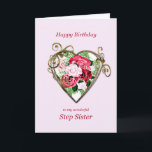 Step Sister Birthday Antique Painted Rose Karte<br><div class="desc">Eine romantische Geburtstagskarte. Ein Gemälde von Rose wird von einem vergoldeten goldenen Herz gerahmt. Geben Sie Ihrer Stiefschwester einen Geburtstag mit einem hübschen Gemälde aus einem Strauß Rose.</div>