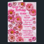 Step Sister Special Birthday wünscht Pink Daisies<br><div class="desc">Eine schöne Geburtstagskarte für eine Stiefschwester. Eine wunderbare Geburtstagskarte voller rosa Gänseblümchen. Ein wunderschönes,  herzliches Vers ergänzt das schöne Gefühl,  das diese Karte mit sich bringt.</div>