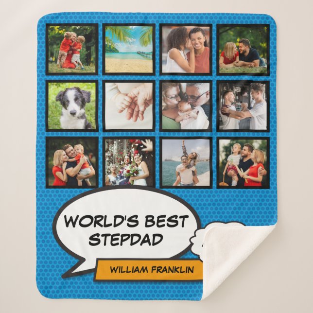 Stepfather Stepdad Foto Collage Fun Blue Sherpadecke (Vorderseite)