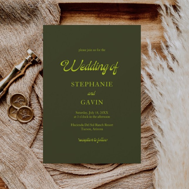 STEPHANIE Retro Chartreuse Olive Green Wedding Einladung (Von Creator hochgeladen)