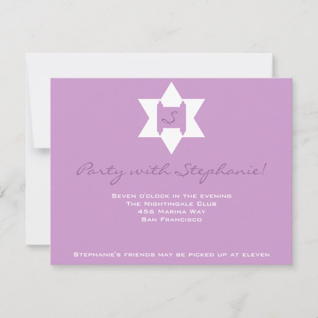 Stephanie Tess Bat Mitzvah Empfang Lila Einladung (Vorderseite)