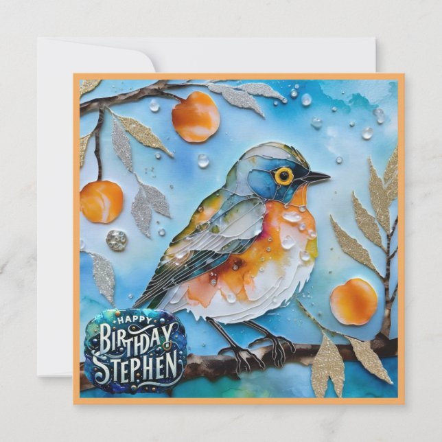 STEPHEN ~ Happy Birthday ~ Vogel in Obstbaum ~ (Vorderseite)