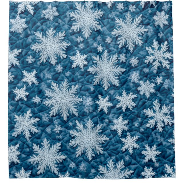 Steppmuster Blau und Weiße Schneeflocken Duschvorhang (Vorderseite)